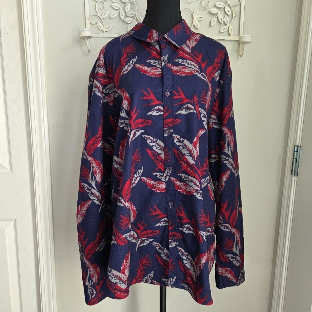 ⭐️Guess Mens Slim Fit  Navy and Red Feather Print Shirt Size XXL
